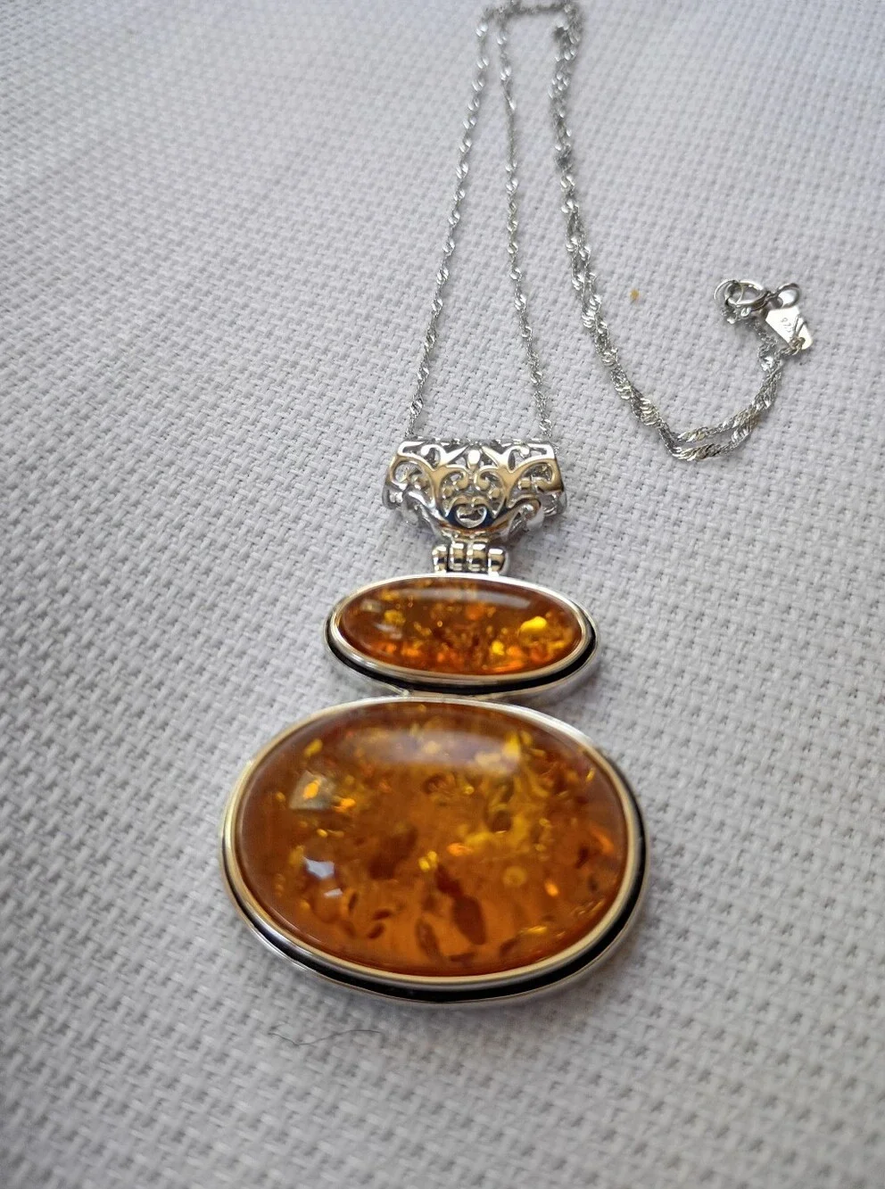 Sterling Silver Amber Double Oval Pendant Necklace Warm Honey Baltic Women's